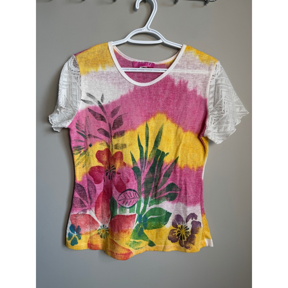 Crazy Fish Hawaii Floral Tie Dye Crochet Lace Sleeve Cotton Knit Top Large